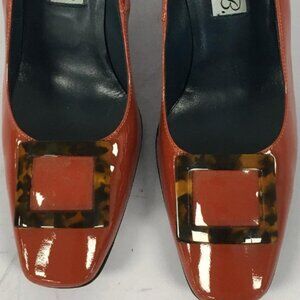 DIANE B Women's Patent Leather Square Toe Buckle Heels Orange 39.5